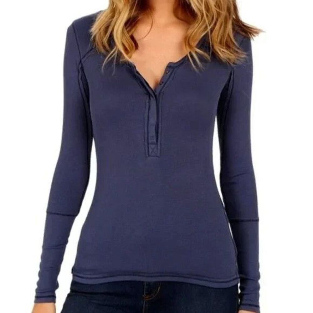 We the Free Megs Up All Night Henley Top Ribbed Snap Button Slim Fit Y2K Small